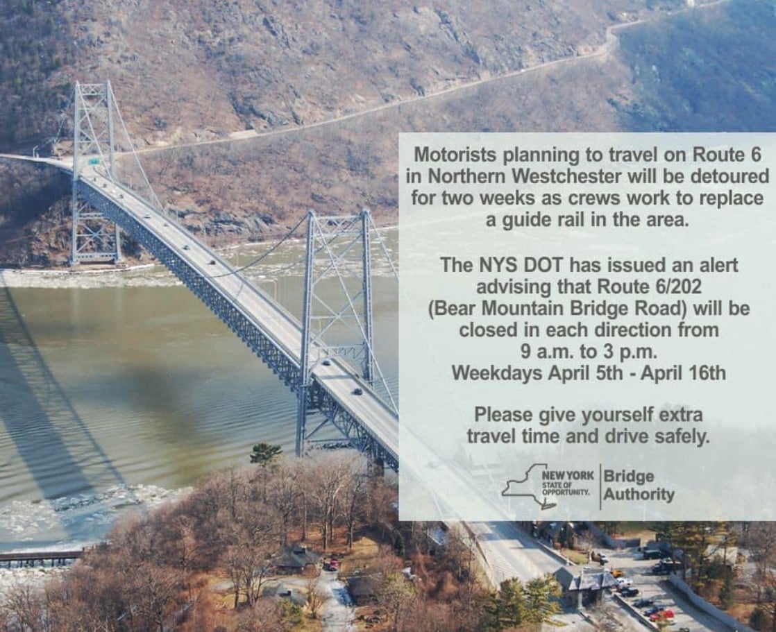 Detour on Route 6 in Northern Westchester from April 5th through 18th