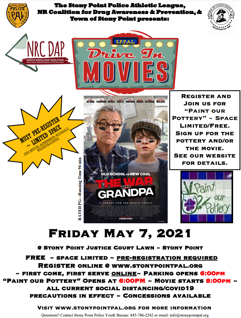 Stony Point PAL drive-in movie and Paint Our Pottery event to be held on May 7th