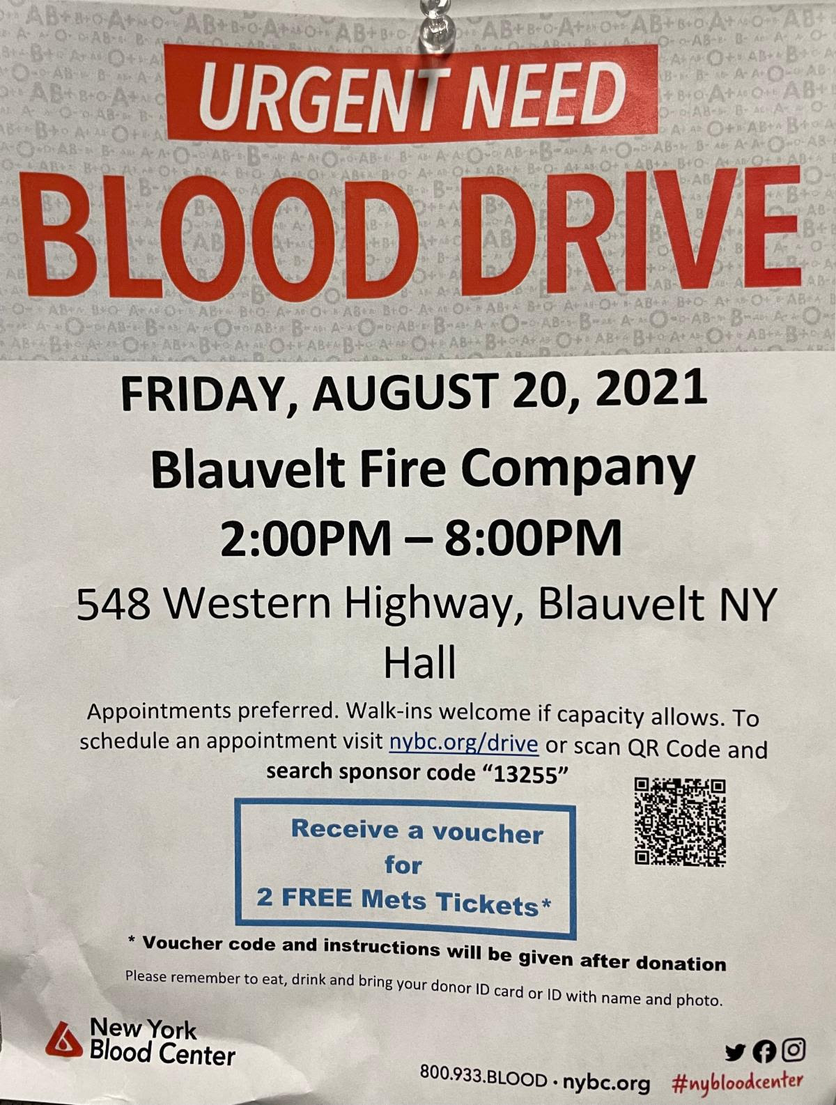 Blood drive today until 8pm in Blauvelt