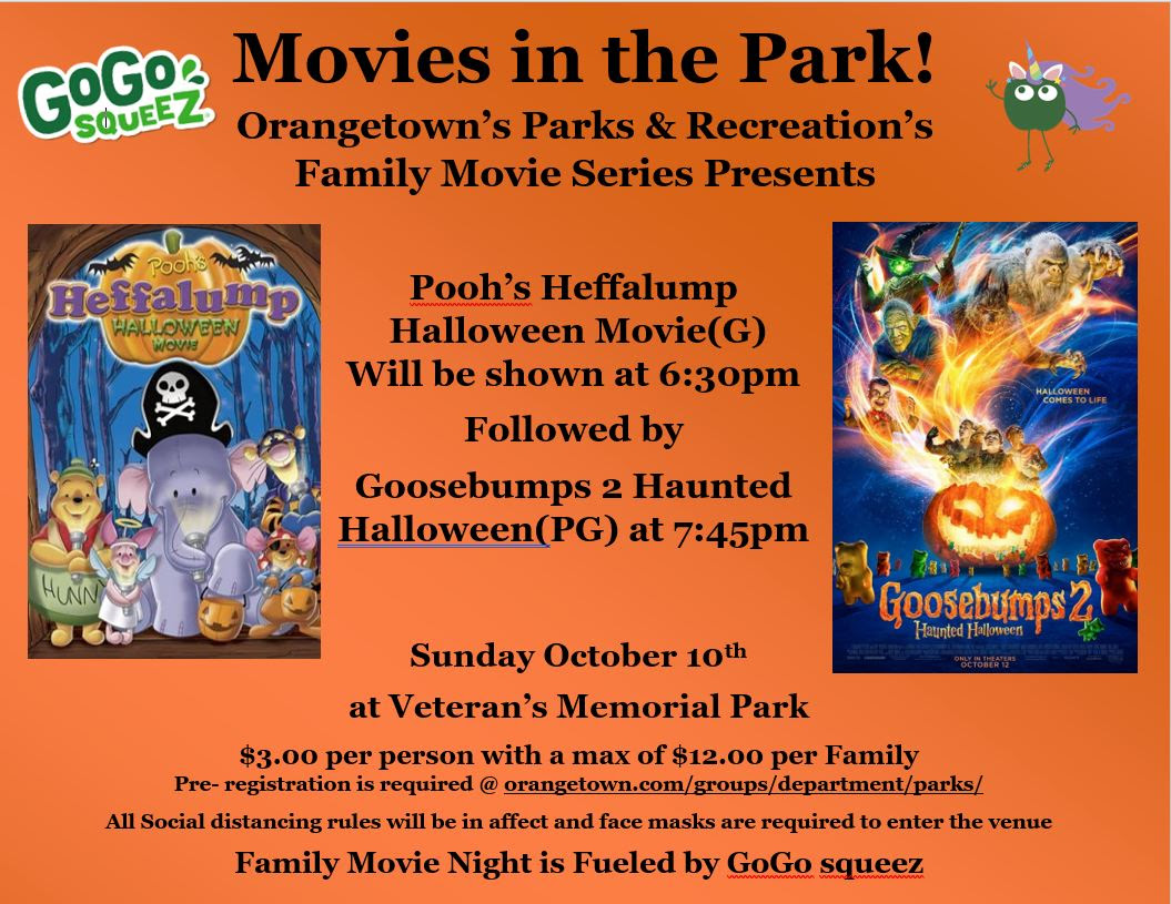 Orangetown Parks & Rec present Pooh’s Heffalump Halloween Movie/Goosebumps 2 on October 10th
