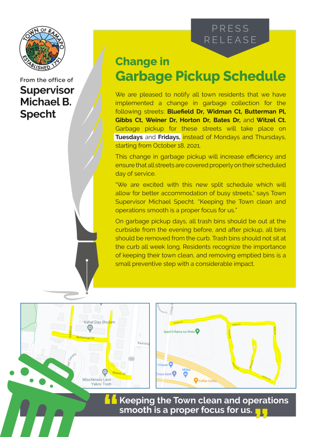 Ramapo implements change in garbage pickup schedule - Rockland News