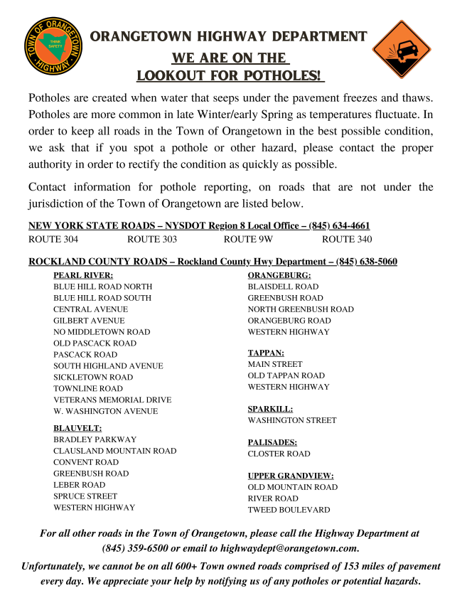 Orangetown Highway Department: We Are on the Lookout for Potholes!