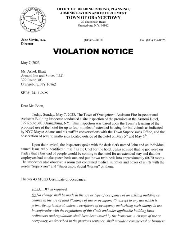 Violation notice part 1 served to Armoni Inn and Suites, by Town of Orangetown, NY