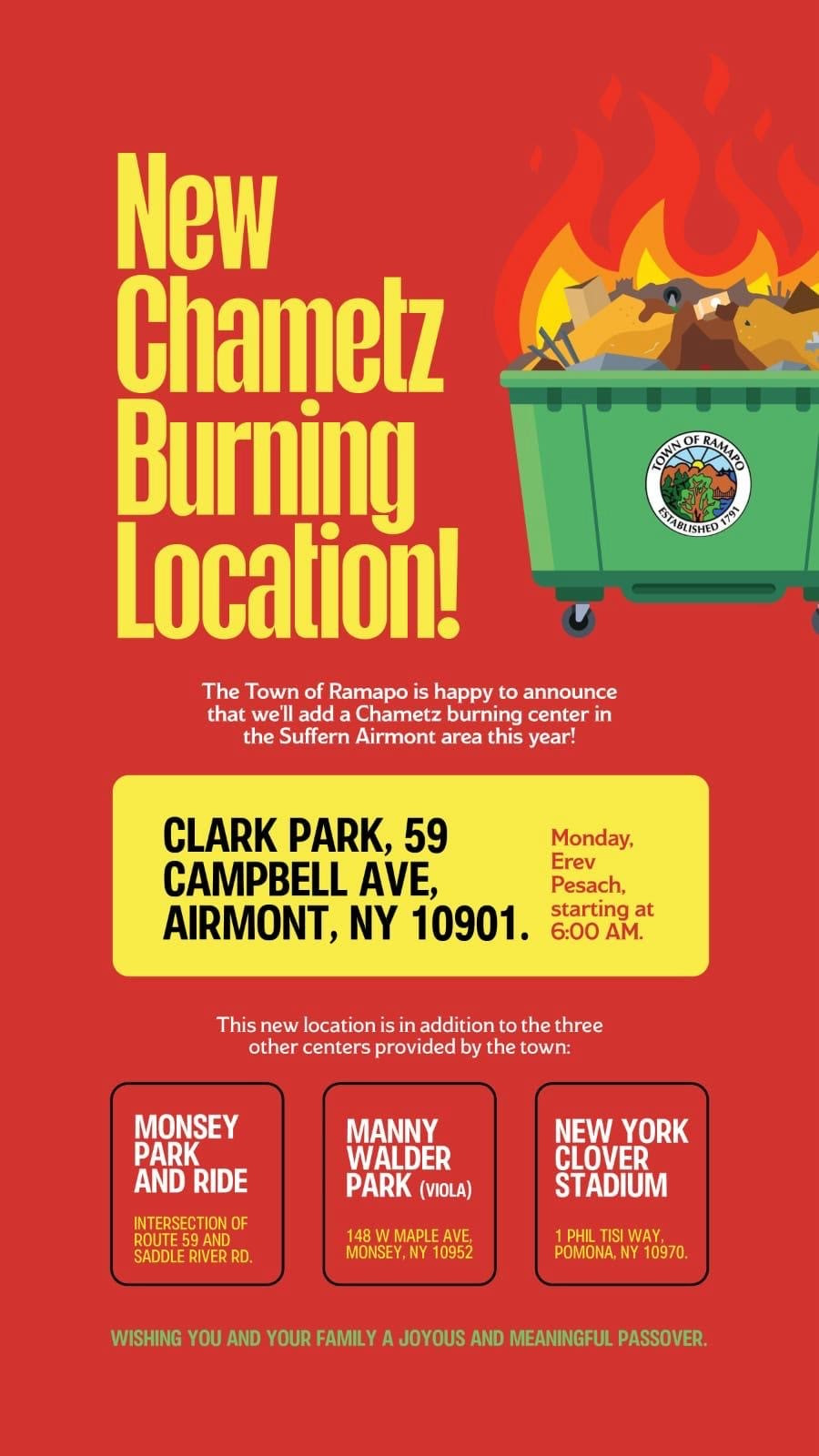 New Chametz Burning Location Added in Airmont for Passover!