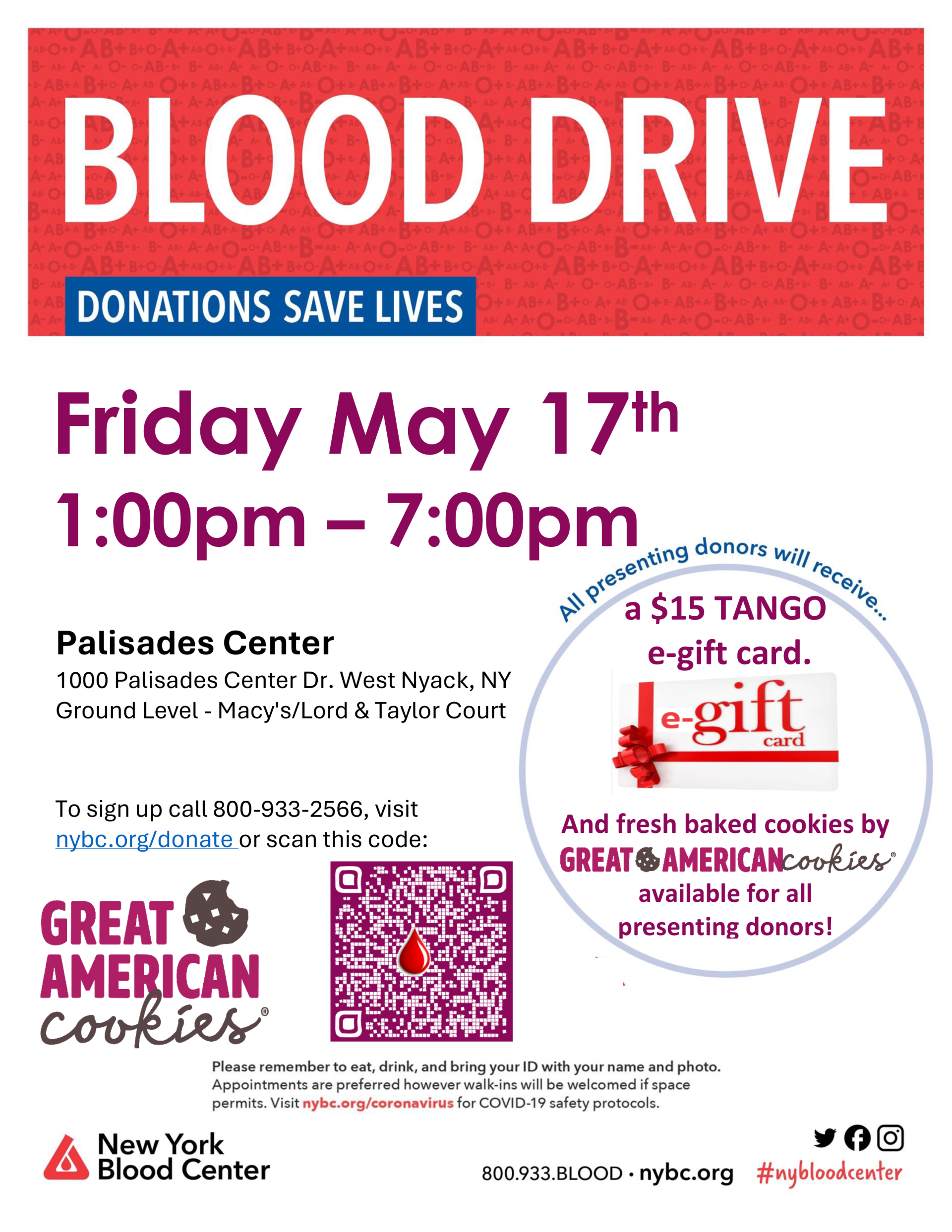 Blood Drive at Palisades Center Fri. May 17 from 1-7 pm