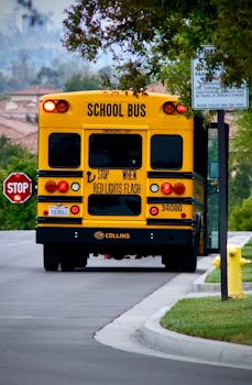 A yellow school bus stops on a quiet suburban street with clear signage and trees lining the road.